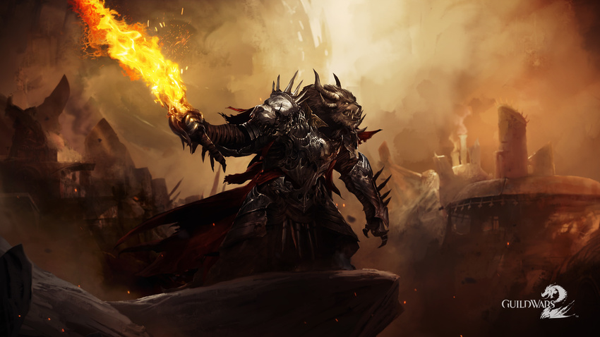 armor charr feline fire guild_wars guild_wars_2 horn male mammal rytlock_brimstone sword unknown_artist video_games wallpaper weapon