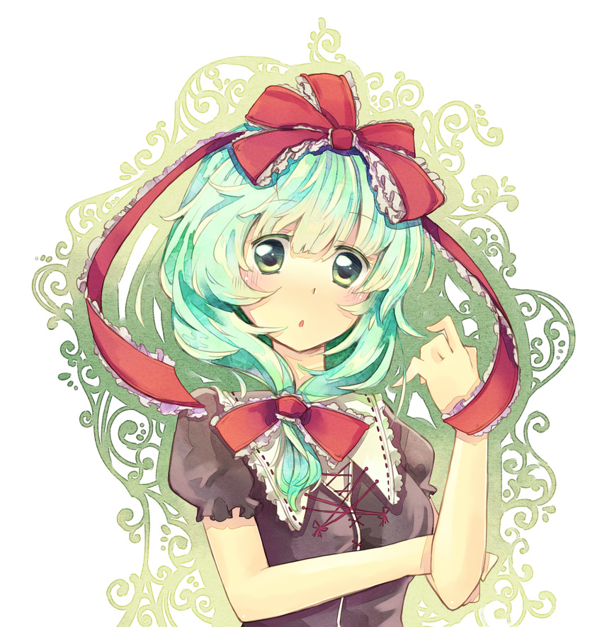 blush bow frills front_ponytail green_eyes green_hair hair_bow highres kagiyama_hina ribbon rl solo touhou upper_body