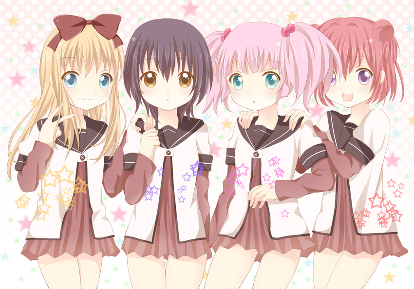 :d akaza_akari aqua_eyes black_hair blonde_hair blue_eyes bow brown_eyes double_bun dress funami_yui hair_bobbles hair_bow hair_ornament hand_on_shoulder hands_on_shoulders highres hinaka_8910 multiple_girls nanamori_school_uniform open_mouth pink_hair purple_eyes red_hair sailor_dress school_uniform serafuku short_hair smile toshinou_kyouko v yoshikawa_chinatsu yuru_yuri