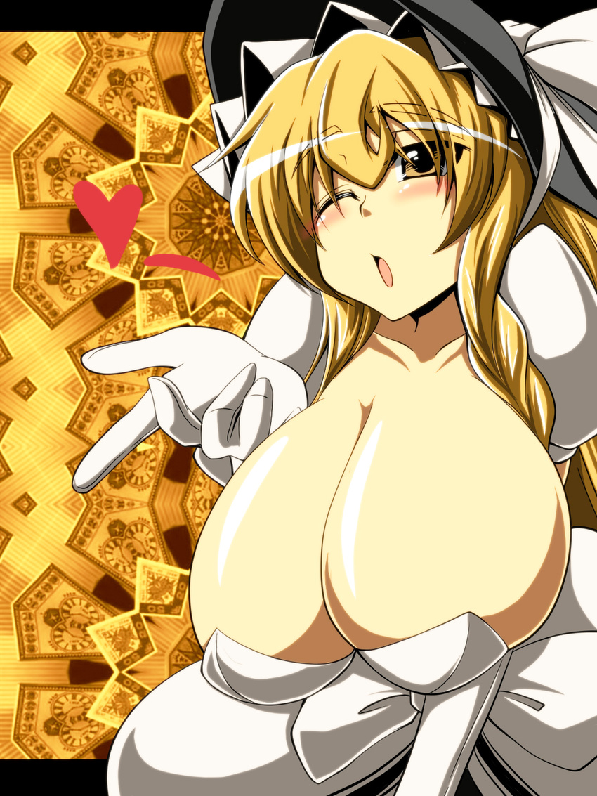 blonde_hair blown_kiss blush breasts cleavage gigantic_breasts gloves hat heart highres invincible_marisa kirisame_marisa new_super_marisa_land one_eye_closed regls solo thick_eyebrows touhou witch_hat yellow_eyes