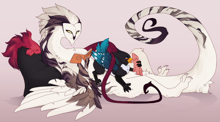 avian azukipuddles beak bird blue_eyes blush book chest_tuft dragon feathered_wings feathers female feral feral_on_feral gryphon hybrid licking oral owl pillow simple_background size_difference tongue tongue_out tuft vexvyrus wings yellow-billed_magpie yellow_beak