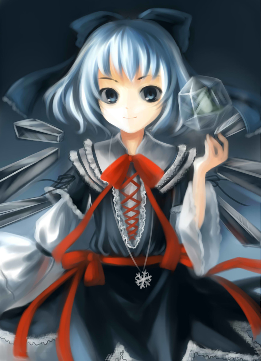 bad_id bad_pixiv_id blue_eyes blue_hair cirno dress frog frozen frozen_frog highres ice jewelry nanairo necklace ribbon smile snowflakes solo touhou wings