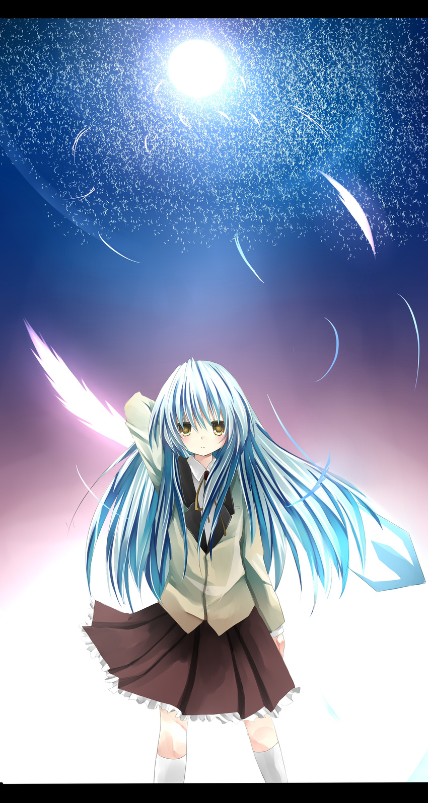 absurdres ai_1003 angel_beats! bad_id bad_pixiv_id blazer feathers full_moon hand_sonic highres jacket letterboxed long_hair moon pleated_skirt school_uniform silver_hair single_wing skirt socks solo tenshi_(angel_beats!) wings yellow_eyes