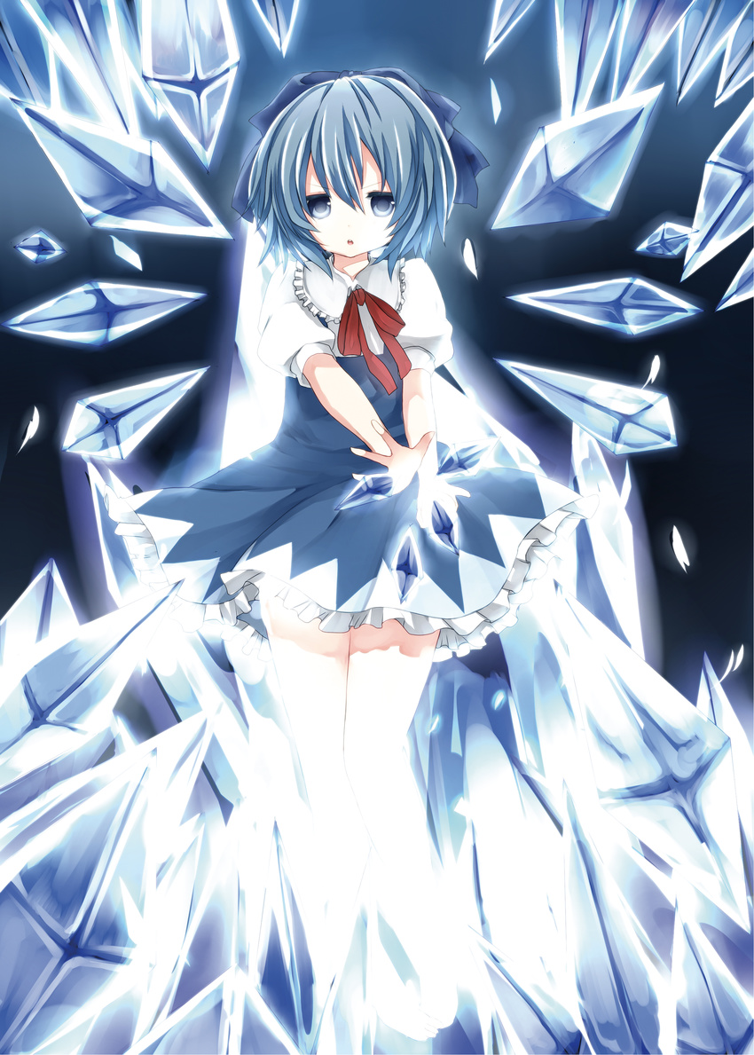 absurdres ai_1003 bad_id bad_pixiv_id blue_eyes blue_hair bow cirno danmaku dress frills hair_bow highres ice open_mouth solo touhou wings