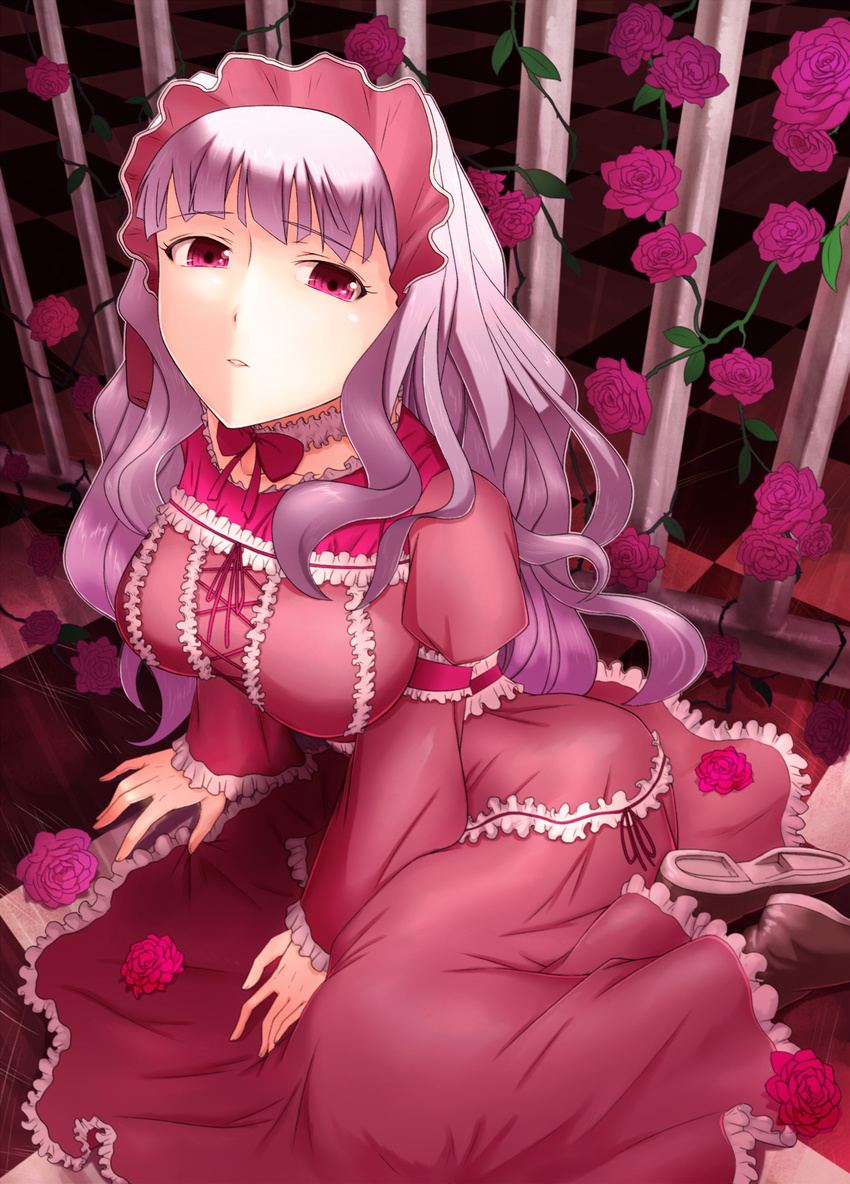 absurdres breasts checkered checkered_floor collarbone dress emanon123 flower frills hairband highres idolmaster idolmaster_(classic) lace large_breasts long_hair red_eyes rose shijou_takane shirt silver_hair sitting solo taut_clothes taut_shirt yokozuwari
