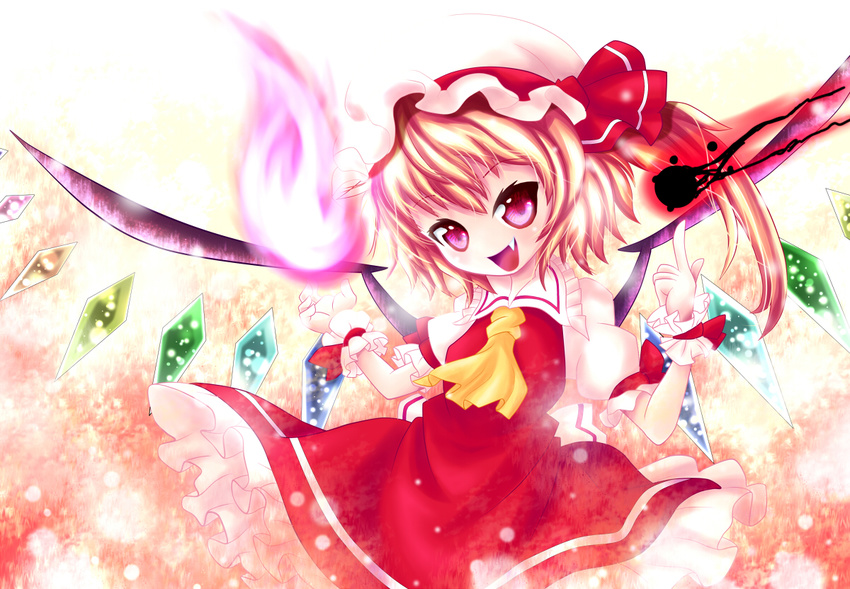 ascot bad_id bad_pixiv_id blonde_hair cicin dress fang fire flandre_scarlet hat open_mouth pink_fire pyrokinesis red_eyes short_hair side_ponytail smile solo touhou wings wrist_cuffs