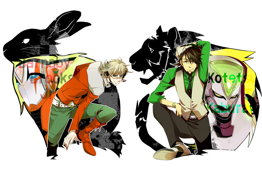 4boys aqua_eyes armor barnaby_brooks_jr. belt blonde_hair brown_eyes brown_hair cabbie_hat commentary_request dual_persona facial_hair glasses green_eyes hat jacket jewelry kaburagi_t._kotetsu konami3521 male_focus multiple_boys necklace necktie power_armor power_suit rabbit red_jacket stubble studded_belt superhero_costume tiger tiger_&_bunny vest waistcoat wild_tiger