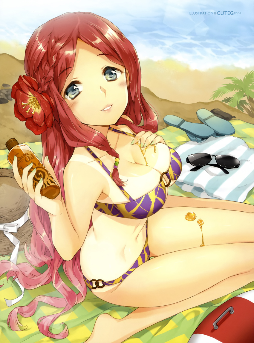 1girl absurdres bare_shoulders beach bikini blue_eyes blush braid breasts cleavage collarbone cuteg flower from_above hair_flower hair_ornament hat hibiscus highres large_breasts long_hair looking_at_viewer looking_up lotion nail_polish o-ring_bikini o-ring_bottom o-ring_top original red_hair sitting smile solo sun_hat sunglasses sunscreen suntan_lotion swimsuit tan tanline thigh_gap thighs wariza water