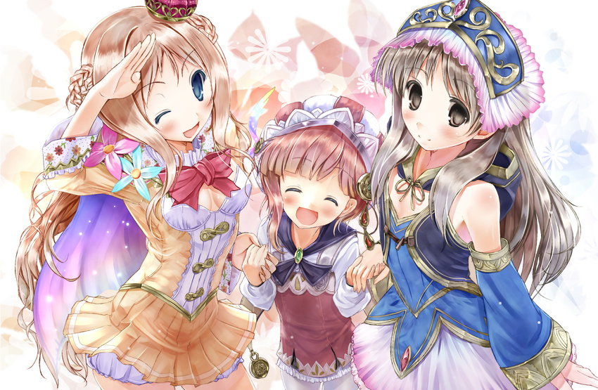 :d ;d ^_^ atelier_(series) atelier_meruru atelier_rorona atelier_totori bare_shoulders blue_eyes blue_sleeves blush bow brown_eyes brown_hair cape closed_eyes crown detached_sleeves hat holding_hands long_hair merurulince_rede_arls mini_crown multiple_girls one_eye_closed open_mouth red_bow red_hair rororina_fryxell salute scarlet_(studioscr) silver_hair skirt smile totooria_helmold yellow_skirt younger