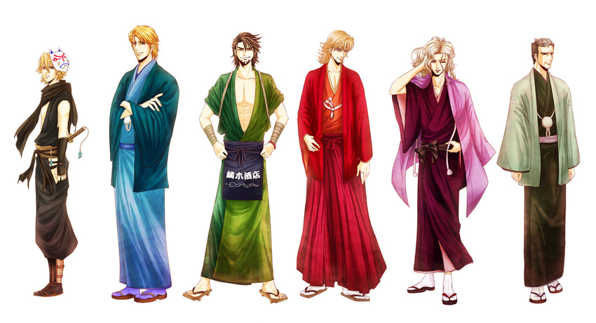 alexander_lloyds barnaby_brooks_jr blonde_hair blue_eyes brown_eyes brown_hair crossed_arms facial_hair fox_mask full_body geta glasses green_eyes grey_hair hair_ornament hair_tousle hairclip hakama haori highres ivan_karelin japanese_clothes kaburagi_t_kotetsu katana keith_goodman kimono long_hair male_focus mask multiple_boys ninja old_man one_eye_closed pale_skin red_hakama sandals scarf silver_hair simple_background standing stubble suzushiro143 sword tiger_&amp;_bunny weapon white_background yuri_petrov zouri