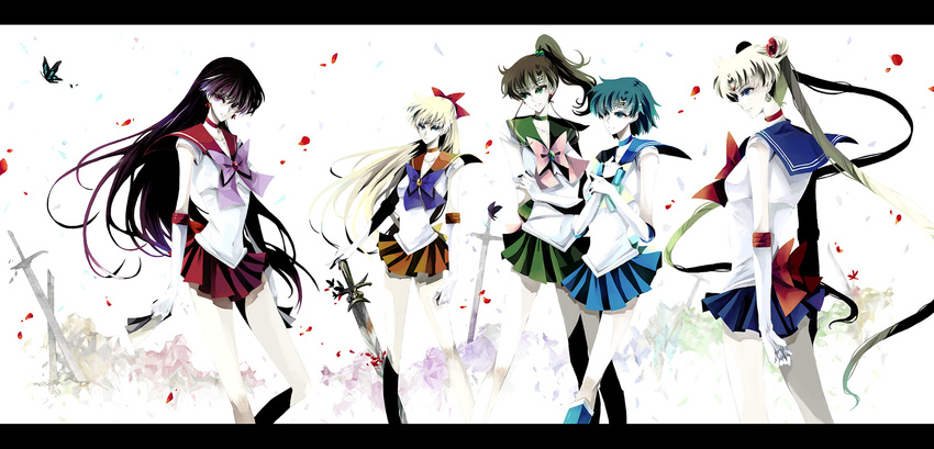 aino_minako back_bow bad_id bad_pixiv_id bishoujo_senshi_sailor_moon black_hair blue_choker blue_eyes blue_hair blue_sailor_collar blue_skirt boots bow brown_hair bug butterfly choker double_bun elbow_gloves expressionless gloves green_choker green_sailor_collar green_skirt hair_bobbles hair_bow hair_ornament hairpin half_updo highres hino_rei inner_senshi insect kino_makoto knee_boots letterboxed long_hair magical_girl mizuno_ami multiple_girls nako_(nonrain) orange_choker orange_skirt petals pink_bow pleated_skirt ponytail red_bow red_choker red_eyes red_sailor_collar red_skirt ribbon sailor_collar sailor_jupiter sailor_mars sailor_mercury sailor_moon sailor_senshi sailor_senshi_uniform sailor_venus short_hair skirt sword tiara tsukino_usagi twintails weapon white_background white_gloves