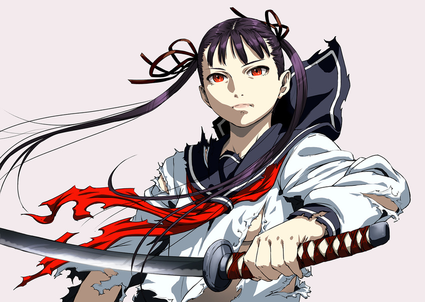 black_hair blood+ character_request cozy hands highres red_eyes school_uniform solo sword torn_clothes twintails weapon