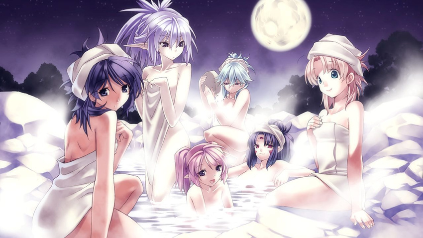 agarest_senki agarest_senki_(series) back bathing black_hair blonde_hair blue_eyes blue_hair censored child convenient_censoring covering dyshana_(agarest_senki) elaine_(agarest_senki) elf ellis_(agarest_senki) facial_mark flat_chest full_moon fyuria_(agarest_senki) green_eyes hirano_katsuyuki luana_(agarest_senki) moon multiple_girls naked_towel night night_sky nude nude_cover official_art onsen outdoors pale_skin partially_submerged pink_eyes pink_hair pointy_ears ponytail purple_eyes rock short_hair short_twintails sitting sky smile soaking_feet steam steam_censor third_eye towel towel_on_head twintails vira-lorr wading