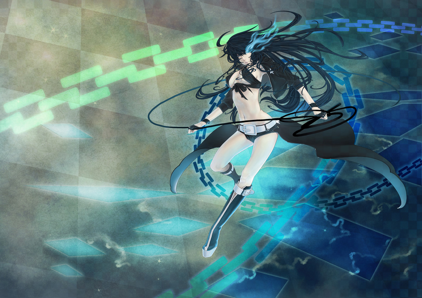 belt black_hair black_rock_shooter black_rock_shooter_(character) boots burning_eye chain highres long_hair midriff navel shorts solo