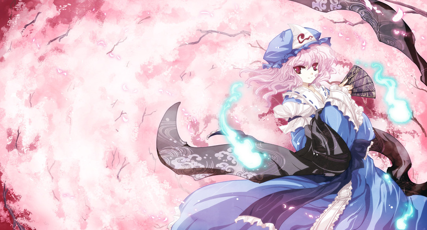 cherry_blossoms fan ghost saigyouji_yuyuko smile solo tokiame touhou