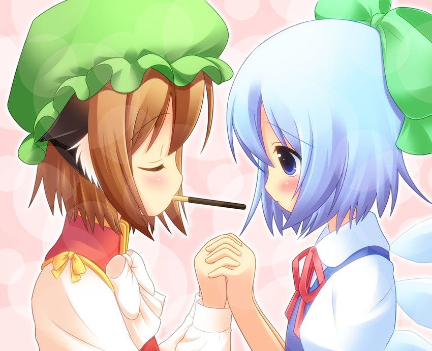 animal_ears bad_id bad_pixiv_id blue_eyes blue_hair blush bow brown_hair cat_ears chen cirno closed_eyes food green_hat green_ribbon hair_bow hair_ribbon hat interlocked_fingers mob_cap mouth_hold multiple_girls pila-pela pocky pocky_kiss ribbon shared_food short_hair touhou wings yuri