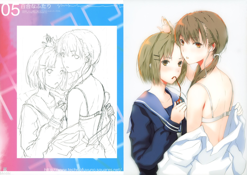 bra brown_eyes brown_hair copyright_request earbuds earphones fuyuno_haruaki hair_ornament hairclip highres lingerie long_hair mouth_hold multiple_girls school_uniform serafuku sketch techno_fuyuno twintails underwear undressing yuri