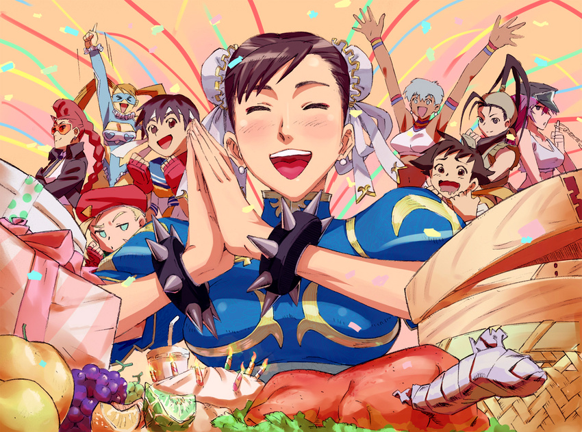 bad_id bad_pixiv_id beret birthday blonde_hair blue_eyes blue_sailor_collar brown_eyes brown_hair cammy_white chun-li crimson_viper dougi elena_(street_fighter) final_fight food gift hat ibuki_(street_fighter) jibon kasugano_sakura makoto_(street_fighter) multiple_girls pink_hair poison_(final_fight) pompadour rainbow_mika sailor_collar school_uniform serafuku short_hair street_fighter street_fighter_iii_(series) street_fighter_iv_(series) street_fighter_zero_(series)