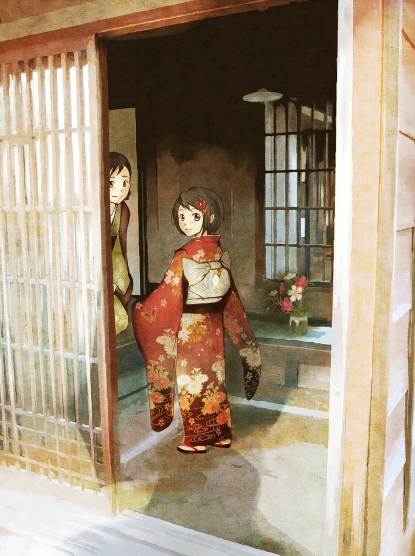 bad_id bad_pixiv_id brown_hair flower grey_eyes hair_flower hair_ornament highres japanese_clothes kimono looking_back mother_and_daughter multiple_girls obi original sash shigatsuya short_hair slippers vase