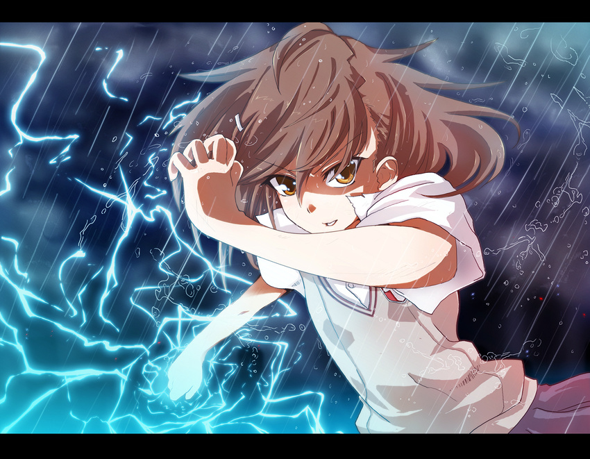 auer bad_id bad_pixiv_id biribiri brown_eyes brown_hair electricity letterboxed misaka_mikoto rain school_uniform short_hair solo sweater_vest to_aru_kagaku_no_railgun to_aru_majutsu_no_index