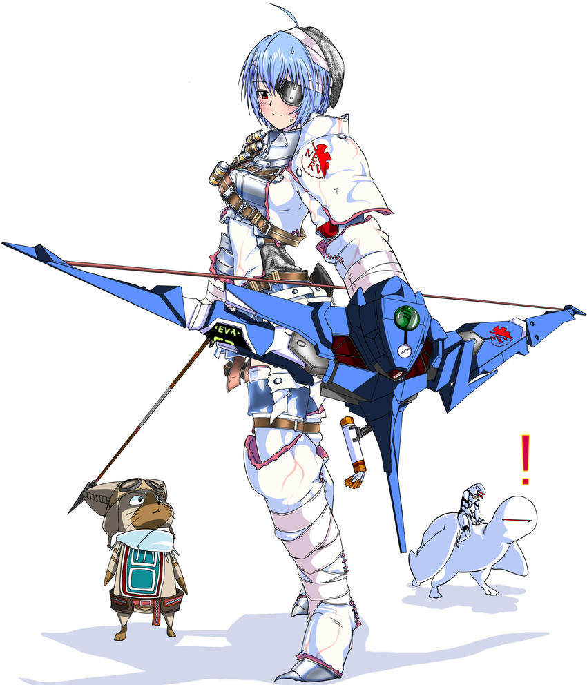 1girl armor arrow ayanami_rei bandages belt blue_hair blush bow_(weapon) cat crossover eva_00 eyepatch felyne highres khezu luceva mass_production_eva monster monster_hunter neon_genesis_evangelion nerv red_eyes simple_background weapon