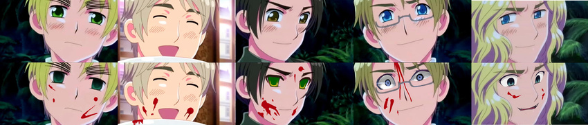 america_(hetalia) axis_powers_hetalia black_hair brown_eyes china_(hetalia) crazy_eyes empty_eyes france_(hetalia) grin highres long_image male_focus multiple_boys russia_(hetalia) smile united_kingdom_(hetalia) wide_image yandere