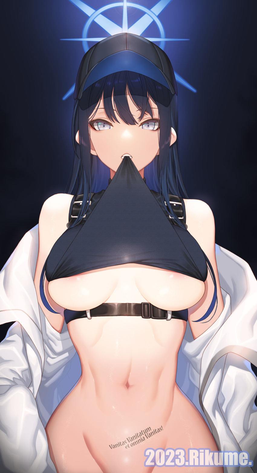 1girl absurdres areola_slip bare_shoulders belt biting biting_clothes black_hair blue_archive blue_hair breasts grey_eyes groin halo hat highres long_hair looking_at_viewer navel rikume saori_(blue_archive) solo underboob