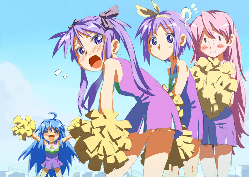 ? ahoge blue_eyes blue_hair blush blush_stickers cheerleader glasses green_eyes hair_ribbon hiiragi_kagami hiiragi_tsukasa izumi_konata jibon long_hair lucky_star mole mole_under_eye multiple_girls no_panties open_mouth pink_hair pom_poms purple_eyes purple_hair ribbon short_hair star takara_miyuki tareme thighs tsurime twintails very_long_hair