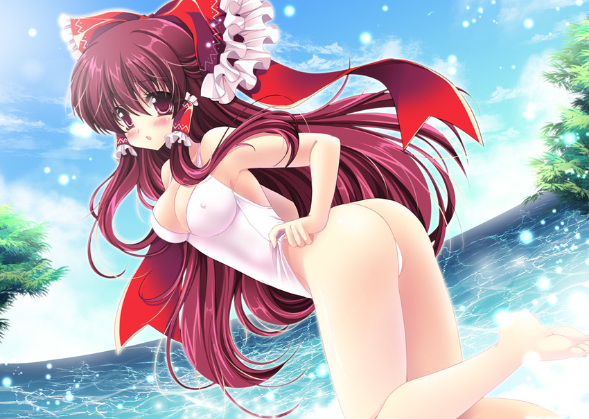 :o adjusting_clothes adjusting_swimsuit ass bare_shoulders barefoot blush bow breasts brown_hair cleavage covered_nipples day fisheye hair_bow hair_tubes hakurei_reimu light_particles long_hair medium_breasts one-piece_swimsuit one-piece_thong red_eyes sakurano_tsuyu sky solo swimsuit touhou water white_swimsuit