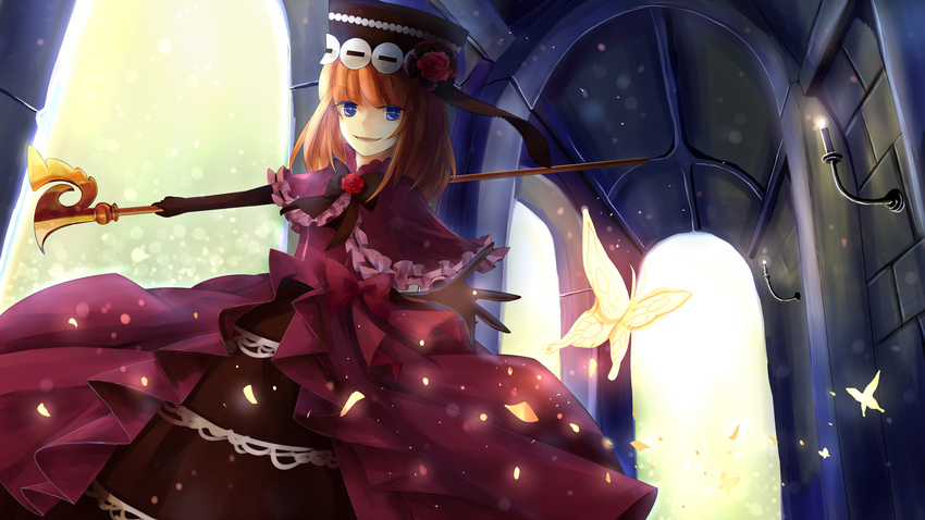 bad_id bad_pixiv_id blue_eyes bow bug butterfly candle dress elbow_gloves eva_beatrice flower frills gloves grin hat highres hiragi_rin insect orange_hair ribbon rose smile solo staff umineko_no_naku_koro_ni