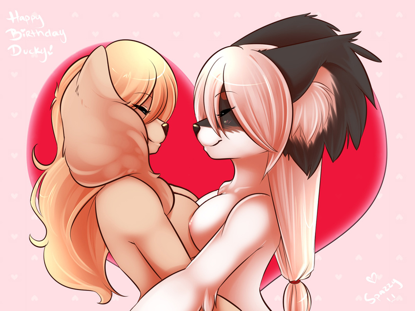 &hearts; anthro blush boob_squish breast_squish breasts canine cocker_spaniel dog duo edit female lesbian mammal modified nude pomeranian spazzykoneko