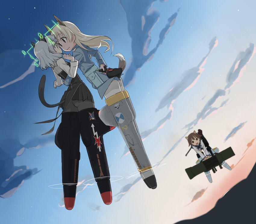 animal_ears arm_around_waist ass black_legwear blonde_hair blue_eyes blush cat_ears cat_tail cloud couple eila_ilmatar_juutilainen eye_contact fox_ears fox_tail green_eyes gun highres hirschgeweih_antennas long_hair looking_at_another military military_uniform miyafuji_yoshika multiple_girls pantyhose rifle rocket_launcher sanjou_(weekly10) sanya_v_litvyak short_hair silver_hair sky star strike_witches striker_unit tail uniform weapon white_legwear world_witches_series yuri