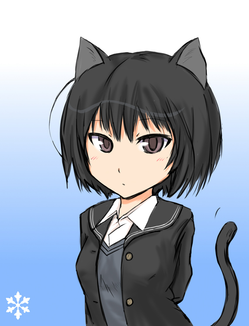 amagami animal_ears black_jacket cat_ears face highres jacket kemonomimi_mode kibito_high_school_uniform murasaki_iro nanasaki_ai school_uniform short_hair solo tail