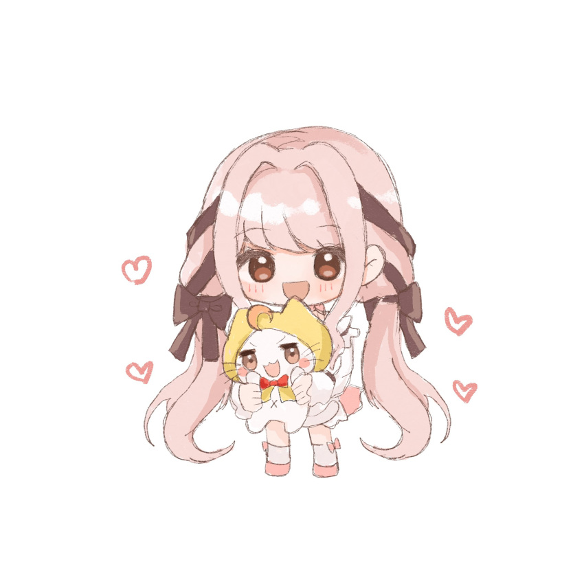 1210_neno 1girl ahoge animal bare_shoulders black_bow black_ribbon blush_stickers bow bow_legwear bowtie brown_eyes can cat chibi cloak clothed_animal commentary_request ear_covers frilled_shirt frilled_sleeves frills hair_bow hair_intakes hair_ribbon happy heart highres holding holding_can hood hood_up hooded_cloak infinity_nikki kneehighs layered_skirt light_blush long_hair long_sleeves looking_at_viewer low_twintails miniskirt momo_(nikki) navel nikki_(nikki) nikki_(series) off-shoulder_shirt off_shoulder open_mouth perfect_start_(infinity_nikki) pink_bow pink_hair pink_shoes pink_skirt puffy_long_sleeves puffy_sleeves red_bow red_bowtie ribbon shirt shoes simple_background skirt sleeves_past_wrists smile socks solo traditional_bowtie tress_ribbon twintails very_long_hair whiskers white_background white_cat white_shirt white_skirt white_socks yellow_cloak