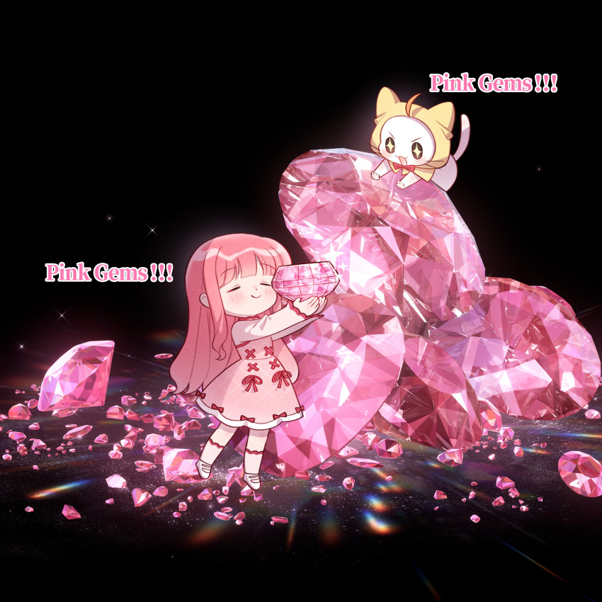 +_+ 1girl absurdres ahoge animal argyle_clothes argyle_dress artist_request black_background bloom_poetry_(shining_nikki) blunt_bangs bow bowtie cat chibi cloak closed_eyes closed_mouth clothed_animal collared_shirt commentary cross-laced_clothes cross-laced_dress diamond_(gemstone) dot_nose double-parted_bangs dress dress_bow dress_ribbon ear_covers english_commentary english_text frilled_shirt_collar frills gem happy high_collar highres holding holding_gem hood hood_up hooded_cloak kneehighs light_blush long_hair long_sidelocks long_sleeves mary_janes momo_(nikki) nikki_(nikki) nikki_(series) official_art photo_background pinafore_dress pink_gem pink_hair red_bow red_bowtie red_ribbon ribbon second-party_source shining_nikki shirt shoes sidelocks simple_background sleeveless sleeveless_dress sleeves_past_wrists smile socks someoka_yusura sparkle sparkling_eyes standing traditional_bowtie v-shaped_eyebrows very_long_hair wavy_hair white_cat white_shirt white_shoes white_socks yellow_cloak