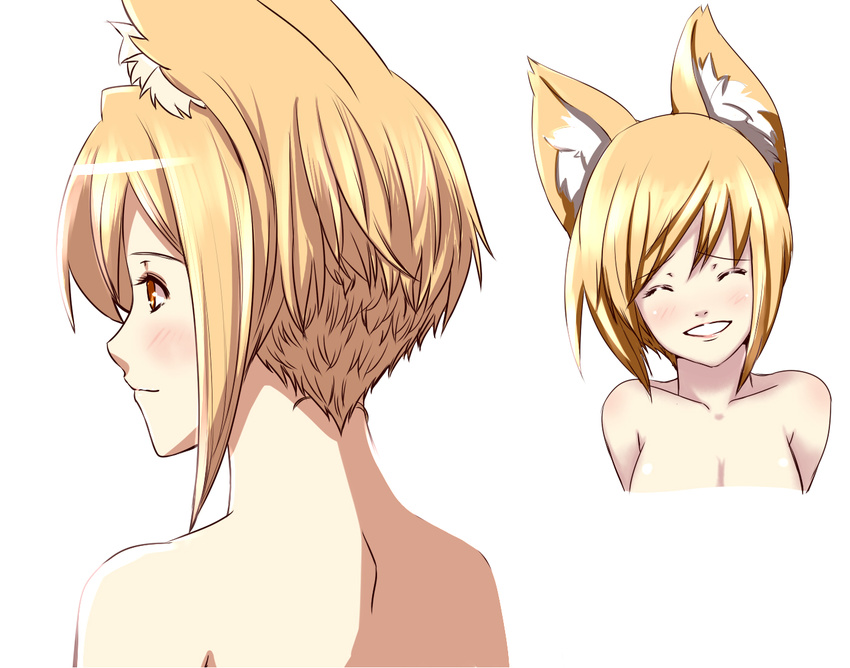 animal_ears blonde_hair blush breasts brown_eyes cleavage close-up closed_eyes closed_mouth collarbone dearmybrothers face fox_ears grin large_breasts nape neck no_hat no_headwear nude profile smile solo touhou yakumo_ran