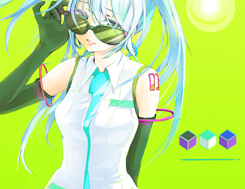 adjusting_eyewear aqua_eyes aqua_hair elbow_gloves gloves green_background hatsune_miku keepout long_hair solo sunglasses vocaloid