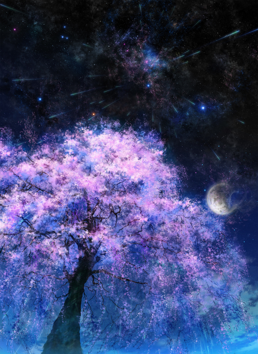 cherry_blossoms epic highres iy_tujiki moon night no_humans original scenery shooting_star star_(sky) tree