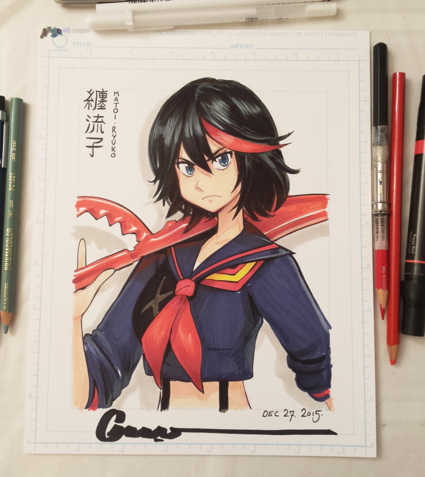 1girl black_hair blue_eyes blue_shirt breasts character_name closed_mouth colored_pencil_(medium) commentary dated drop_shadow english_commentary frown hair_between_eyes highres holding holding_sword holding_weapon kill_la_kill light_blush looking_at_viewer matoi_ryuuko medium_hair midriff multicolored_hair neckerchief omar_dogan over_shoulder photo_(medium) photoshop_(medium) red_neckerchief red_streaks sailor_collar sailor_shirt scissor_blade_(kill_la_kill) senketsu shirt signature small_breasts solo streaked_hair suspenders sword sword_over_shoulder tomboy traditional_media upper_body weapon weapon_over_shoulder white_background
