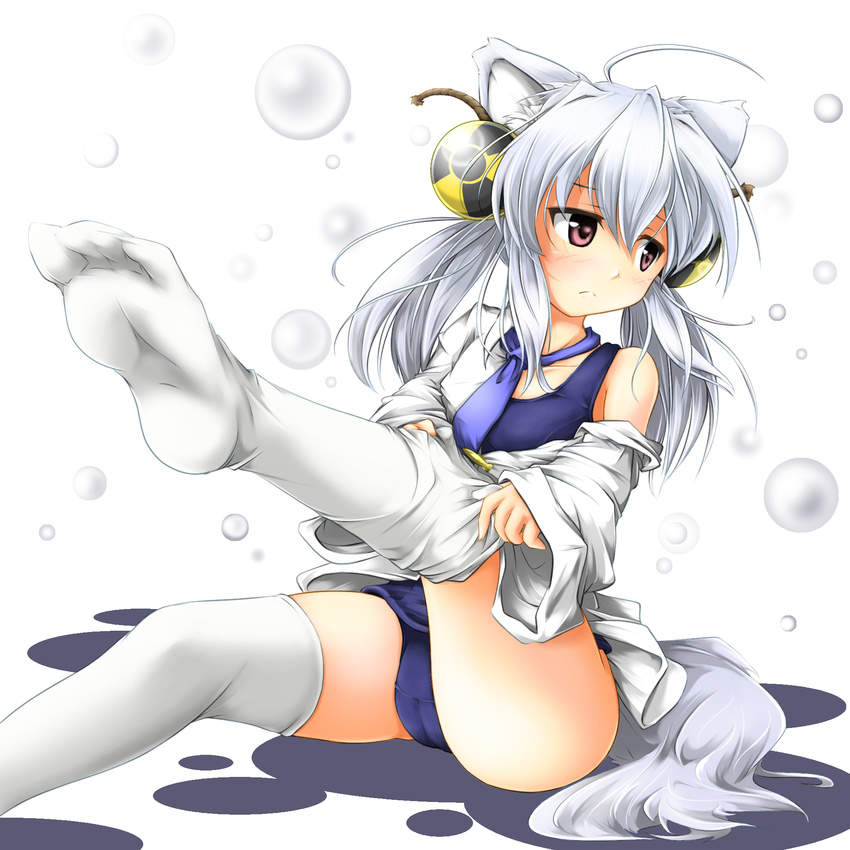 animal_ears ball blush dripping hair_ornament highres leg_up necktie off_shoulder one-piece_swimsuit open_clothes open_shirt original outstretched_leg pink_eyes radiation_symbol red_star_(toranecomet) school_swimsuit shirt silver_hair sitting solo swimsuit tail thighhighs thighhighs_pull tie_clip twintails uranium white_legwear wolf_ears wolf_tail