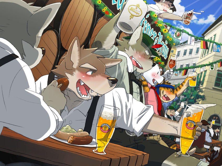 beer beverage blush canine cloud cup drinking drunk flag flcg flower food germany glass group male mammal oktoberfest outside product_placement sausage sky table toasting wolf