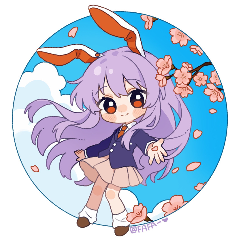 1girl animal_ears artist_name blazer blue_sky blush chibi chibi_only chinese_commentary circle closed_mouth cloud collared_shirt commentary_request day fafa full_body highres jacket long_hair long_sleeves looking_at_viewer necktie pink_skirt pleated_skirt purple_hair purple_jacket rabbit_ears rabbit_girl red_eyes red_necktie reisen_udongein_inaba shirt skirt sky smile socks solo touhou very_long_hair white_shirt white_socks