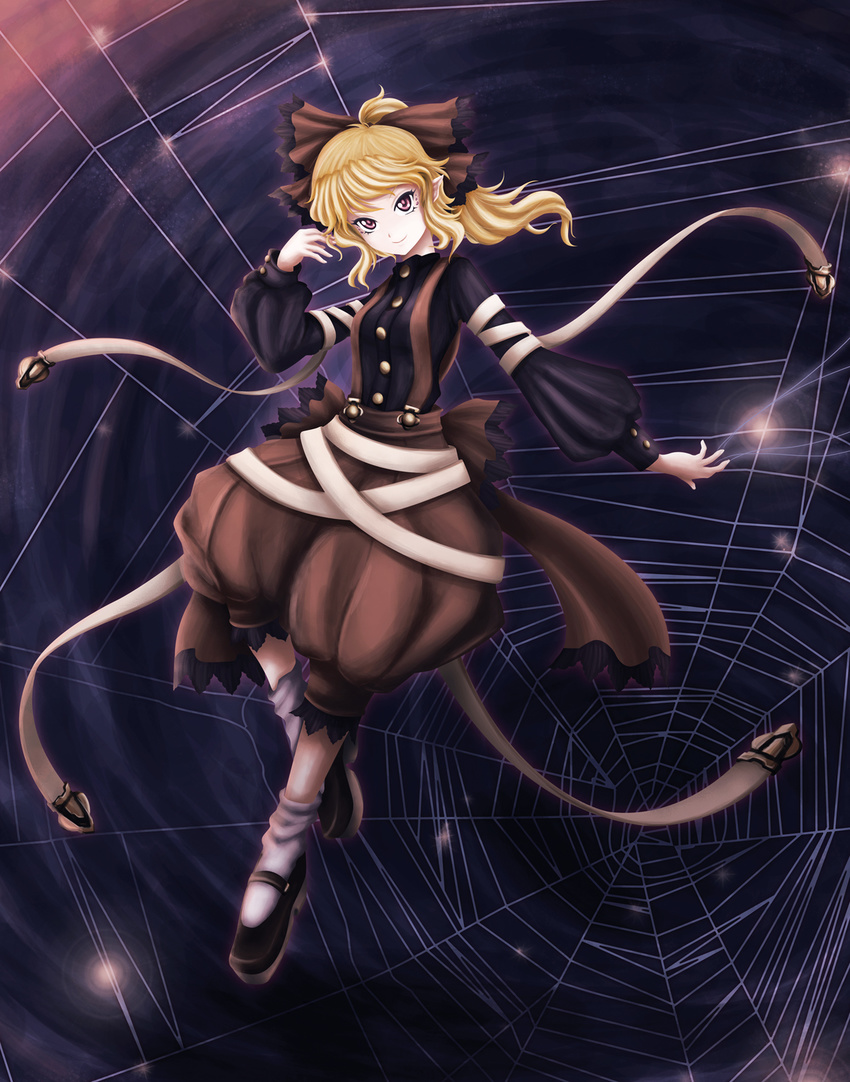 belt blonde_hair bow extra_eyes hair_bow highres insect_girl kurodani_yamame pointy_ears red_eyes silk skyspace smile solo spider_girl spider_web touhou