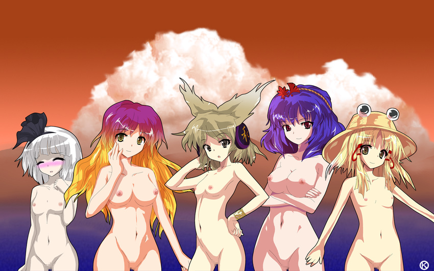 alphes_(style) blonde_hair blush breasts brown_hair censored collarbone crossed_arms earmuffs flat_chest gradient_hair hair_ribbon hat hijiri_byakuren kaoru_(gensou_yuugen-an) konpaku_youmu long_hair medium_breasts moriya_suwako multicolored_hair multiple_girls navel nipples nude parody purple_hair ribbon short_hair silver_hair small_breasts style_parody touhou toyosatomimi_no_miko two-tone_hair wrist_cuffs yasaka_kanako