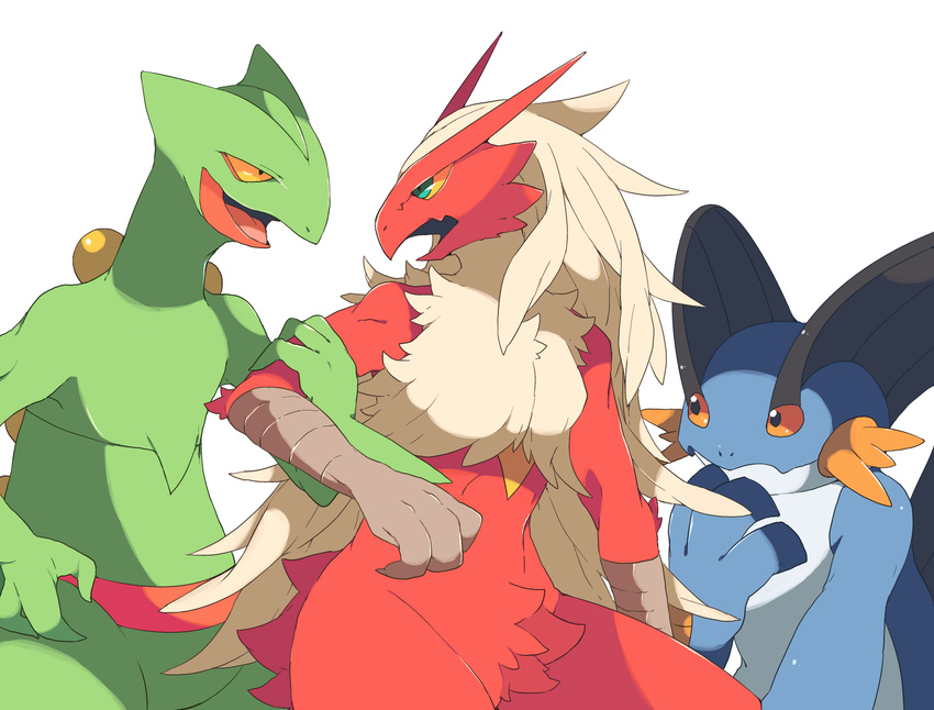 ???? angry blaziken eye_contact female group holding i-ayuka imminent_rape looking_at_each_other nintendo open_mouth plain_background pok&#233;mon pok&eacute;mon sceptile simple_background standing swampert video_games