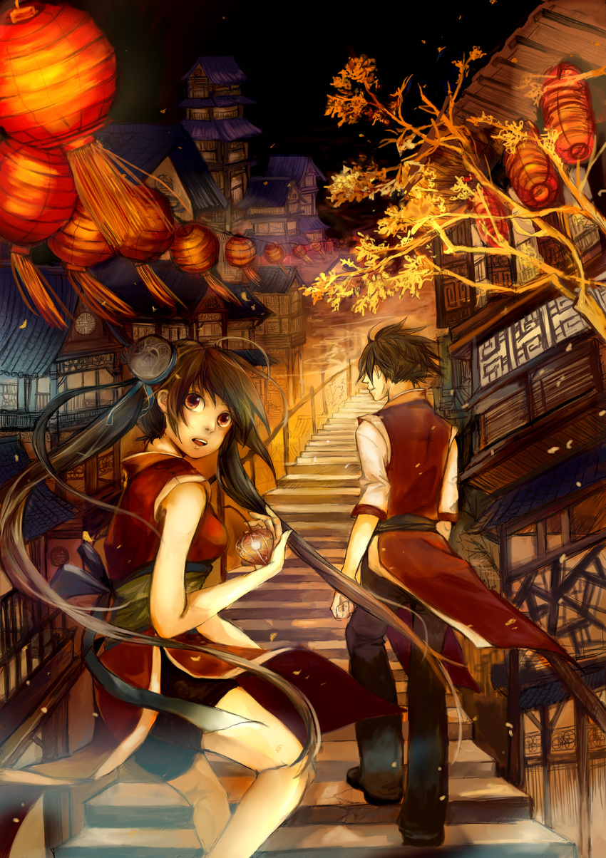 1girl absurdres brown_eyes brown_hair chinese_clothes chinese_lantern_(plant) double_bun highres lantern long_hair looking_back night original oxalicacid paper_lantern short_hair stairs twintails