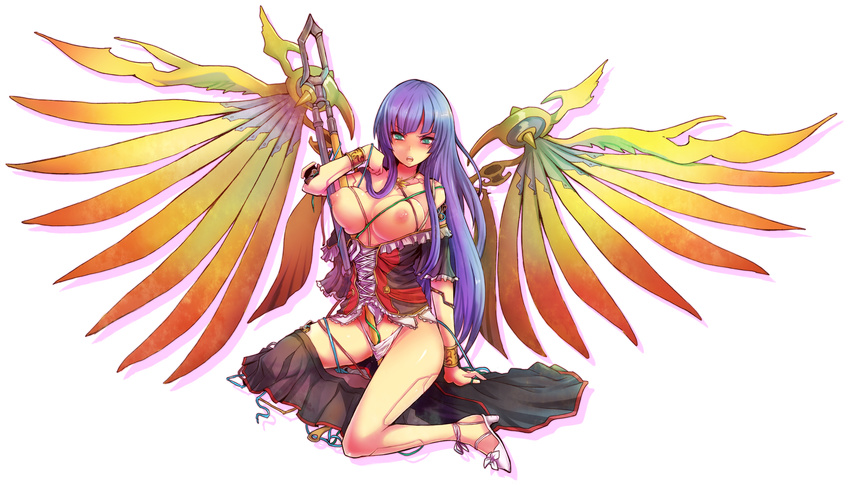 arm_support bare_legs blush bracelet breasts cable cyborg espgaluda full_body gradient_wings green_eyes high_heels highres huge_breasts jewelry kara_(color) long_hair mechanical_wings multicolored multicolored_wings necklace nipples no_bra open_mouth panties purple_hair seseri_(espgaluda) shirt_pull shoes simple_background sitting skirt skirt_removed solo staff underwear white_panties wings yokozuwari