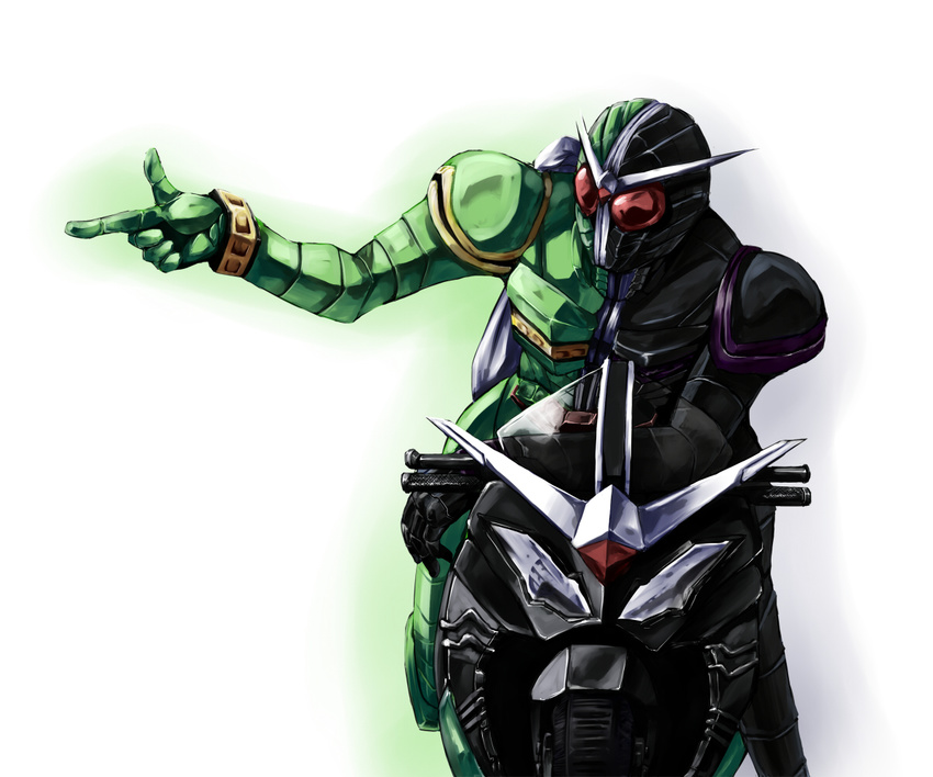 antennae black_bodysuit bodysuit doyouwantto green_bodysuit ground_vehicle kamen_rider kamen_rider_double kamen_rider_w male_focus motor_vehicle motorcycle pointing solo