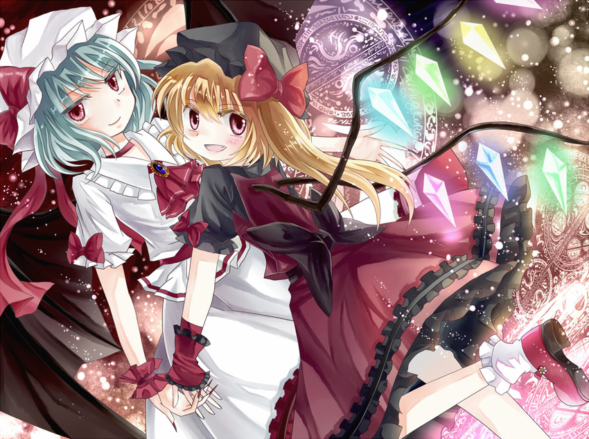 alternate_costume bat_wings blonde_hair blue_eyes bow choker fang fingernails flandre_scarlet hair_bow hair_ribbon hat holding_hands interlocked_fingers long_fingernails looking_at_viewer magic_circle miyakure multiple_girls red_eyes remilia_scarlet ribbon sharp_fingernails siblings side_ponytail sisters touhou wings wrist_cuffs