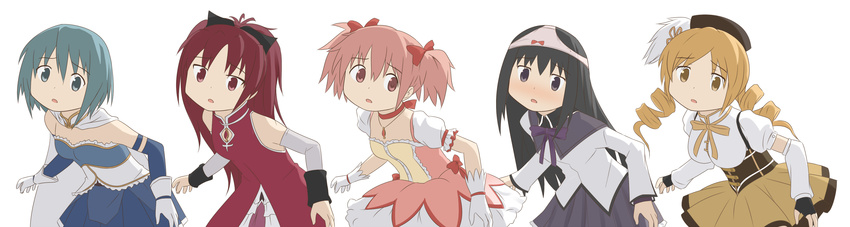 akemi_homura bare_shoulders black_hair blonde_hair blue_eyes blue_hair blush bow cape drill_hair gloves hair_bow hair_ornament hair_ribbon hat highres jewelry kaname_madoka lineup long_hair mahou_shoujo_madoka_magica miki_sayaka multiple_girls necklace object_on_head panties panties_on_head pink_eyes pink_hair ponytail pose ran_(9ens2000) red_eyes red_hair ribbon sakura_kyouko short_hair short_twintails skirt tomoe_mami twin_drills twintails underwear white_gloves yellow_eyes